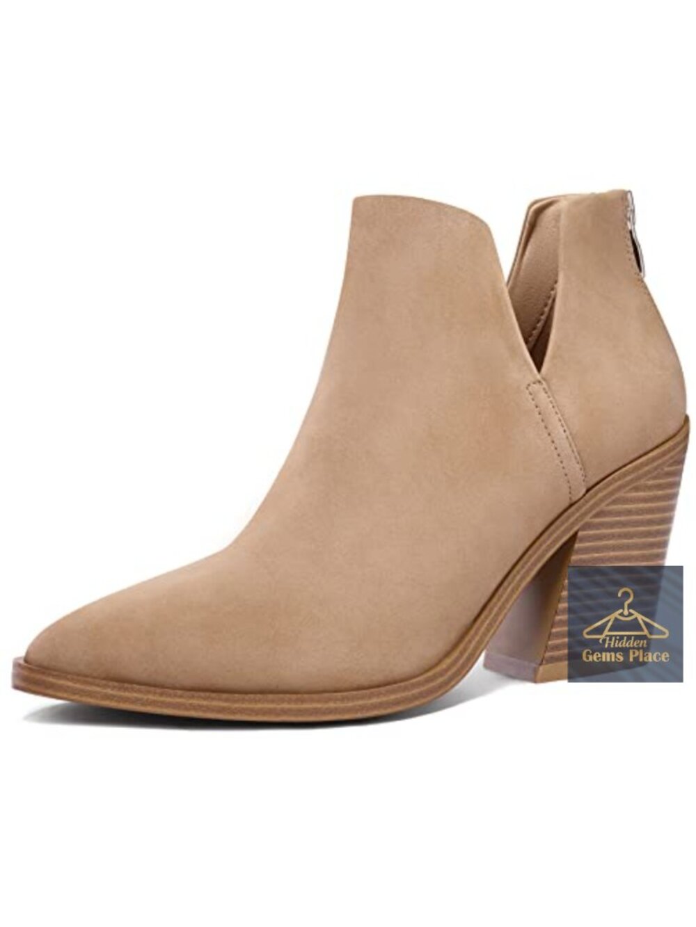 Womens Pointed Toe Cutout Ankle Booties Stacked Chunky Heel Back Zip